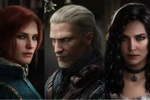 Triss i Yen, dwie czarodziejki, obok wiedźmina.