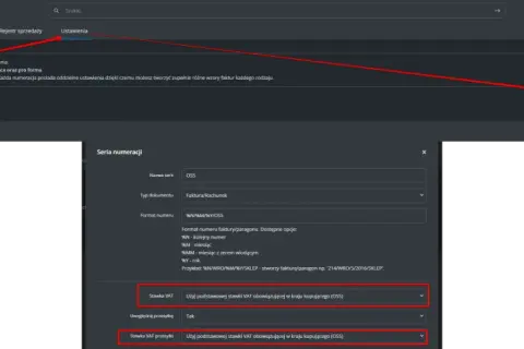 Ustawienia faktur, gdzie dla serii numeracji OSS wybrano stawkę VAT obowiązującą w kraju kupującego.