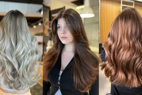 Trzy kobiety prezentują efektowne cieniowanie włosów: blond, brąz i rudy.