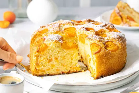 Ein saftiger Aprikosenkuchen, bestäubt mit Puderzucker, wird angeschnitten. Ein Stück davon könnte der weltbester Aprikosenkuchen sein.