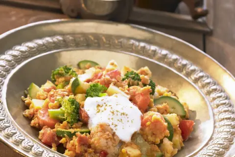 Herzhaftes Linsengericht mit Brokkoli, Zucchini und Tomaten, garniert mit einem Klecks Joghurt. Ein köstliches Beispiel für Linsen Rezepte.