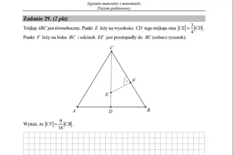Trójkąt równoboczny ABC z punktem E na wysokości CD, gdzie |CE|=3/4|CD|. Punkt F leży na boku BC, a EF jest prostopadłe do BC. Wykaż, że |CF|=9/16|CB|.