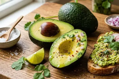Reife Avocados auf einem Holzbrett, bereit zum Genuss. Eine Hälfte ist mit Zwiebeln und Gewürzen bestreut, daneben ein Toast mit Avocado.