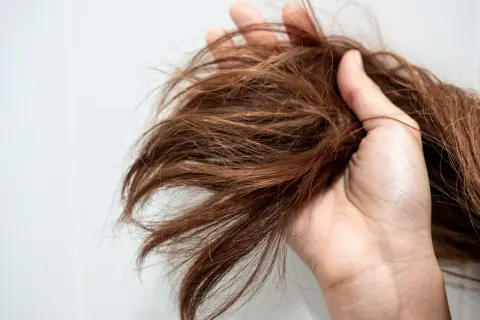 Une main tient une mèche de cheveux châtain, visiblement secs et emmêlés. Ces cheveux secs causes peuvent être dus à de nombreux facteurs.