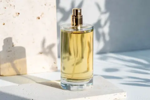 Szklana butelka perfum z złotą nakrętką na kamiennej podstawie, w cieniu liści.