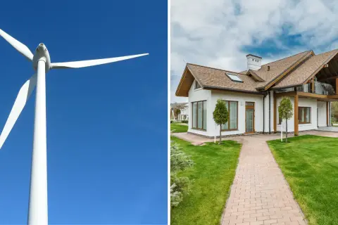 Przydomowe elektrownie wiatrowe zapewniają czystą energię dla nowoczesnego domu z pięknym ogrodem.