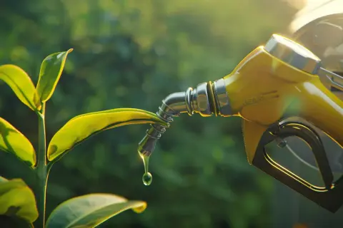 Goccia di diesel HVO che cade da un beccuccio su una foglia verde, simboleggiando un futuro più ecologico.