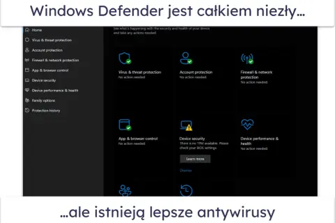 Ekran Windows Defender z sekcjami ochrony: wirusów, konta, sieci. Microsoft Defender zapewnia podstawowe bezpieczeństwo.