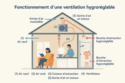 Schéma d'une ventilation hygroréglable gérant la climatisation et l'humidité. L'air neuf entre, l'air vicié est extrait, notamment de la salle de bain.
