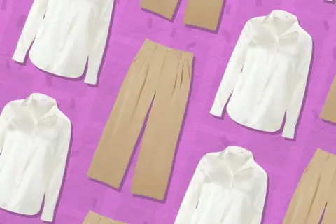 Weiße Blusen und beige Hosen – die Basis für eine vielseitige capsule wardrobe liste. Minimalistisch und schick.