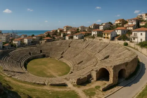 Starożytny amfiteatr w Durres, Albania, z widokiem na morze i miasto.