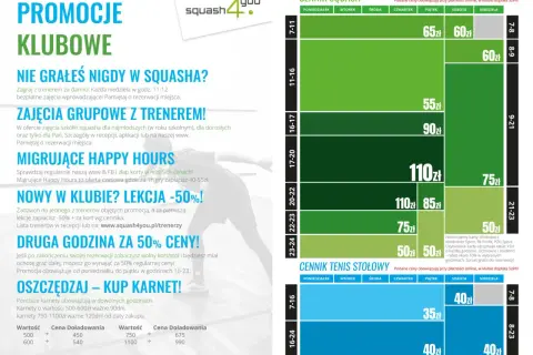 Grafika przedstawia cennik squash i tenisa stołowego z podziałem na godziny i dni tygodnia.