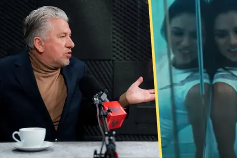 Mężczyzna w garniturze i golfie rozmawia przy mikrofonie, obok fragment teledysku z Nataszą Urbańską.