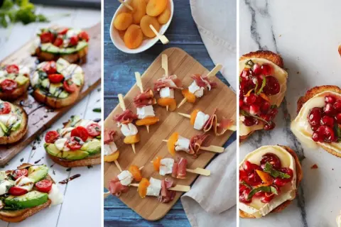 Des toasts avocat-tomate, des brochettes jambon-fromage-abricot et des bruschettas grenade-brie, parfaits pour un apéro dinatoire été.