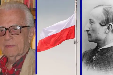 Trzy portrety: starszy pan w okularach, polska flaga na maszcie i mężczyzna z wąsikiem. Może to być kolaż na imieniny Jacka.