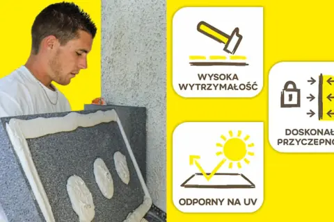 Budowlaniec nakłada pianę, która jest idealnym klejem do styropianu. Wysoka wytrzymałość i przyczepność. Odporny na UV.