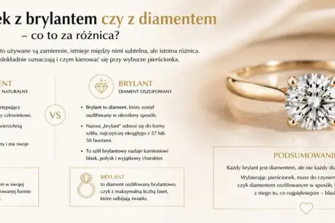 Złoty pierścionek z olśniewającym brylantem, który jest oszlifowanym diamentem. Wyjaśnienie różnicy między brylantem a diamentem.