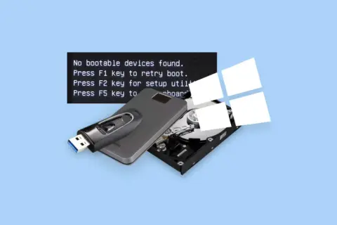 Komputer nie widzi dysku, wyświetla komunikat "No bootable devices found". Obok pendrive i otwarty dysk twardy.