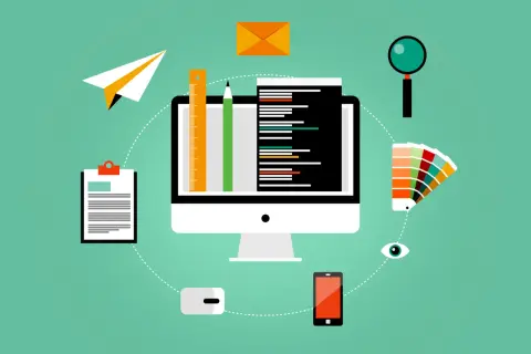 Un ordinateur affiche du code, entouré d'outils de création : règle, crayon, palette de couleurs, loupe, téléphone, et un avion en papier pour envoyer vos projets. Idéal pour ouvrir epub.