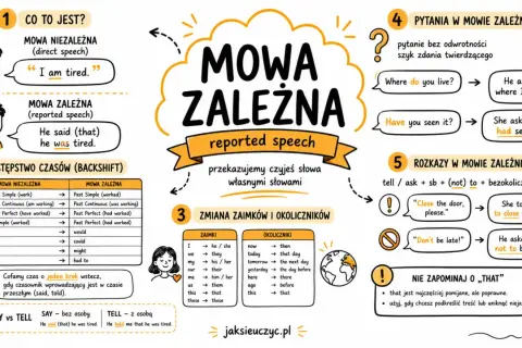 Mowa zależna (reported speech) to przekazywanie czyichś słów. Przykład: "I am tired" staje się "He said he was tired".