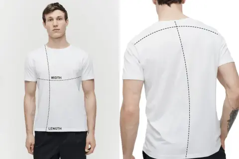 Mann mit weißem T-Shirt, das mit gestrichelten Linien für Breite und Länge markiert ist. So ermitteln Sie, wie lang sollte ein T-Shirt sein.