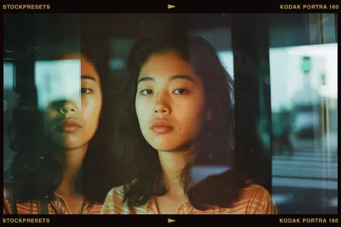 A young woman's face is reflected in glass, with a subtle comparison between Portra 160 and 400 film tones.