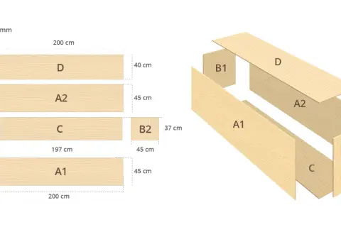 Piezas de madera para hacer pared de madera. Incluye medidas y un diagrama de ensamblaje.