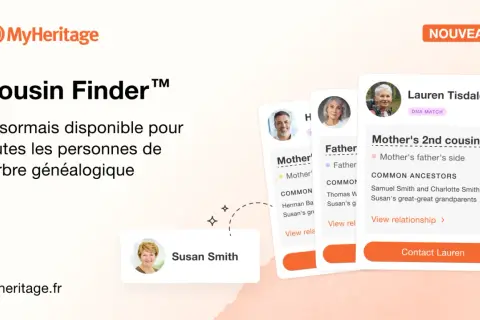 Découvrez votre **my heritage connection** avec Cousin Finder de MyHeritage. Des cartes montrent des cousins potentiels, comme Lauren Tisdale, mère de 2e cousin.