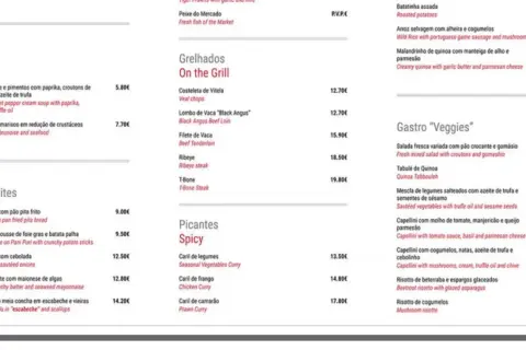 Menu z daniami z grilla, w tym steki T-bone i wołowe. Ceny madera są zróżnicowane, od 12,70€ za polędwicę wołową.