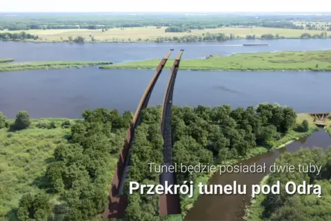 Wizualizacja tunelu pod Odrą, części zachodniej obwodnicy Szczecina. Dwie tuby tunelu przebiegają pod rzeką, otoczone zielenią.