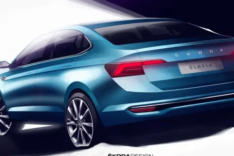 Niebieska Skoda Slavia na szkicu designerskim, widok z tyłu. Elegancka linia nadwozia i nowoczesne światła.