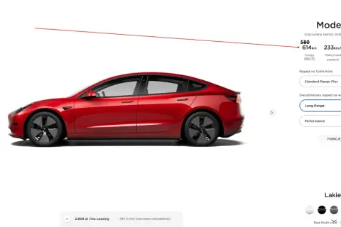 Czerwona Tesla Model 3 Long Range. Zasięg WLTP 614 km. Sprawdź, ile km tesla ile przejedzie na jednym ładowaniu.