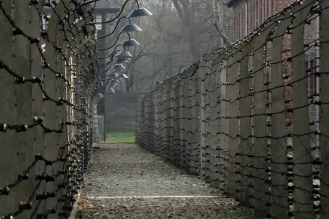 Ścieżka między betonowymi słupami i drutem kolczastym, z latarniami nad głową.