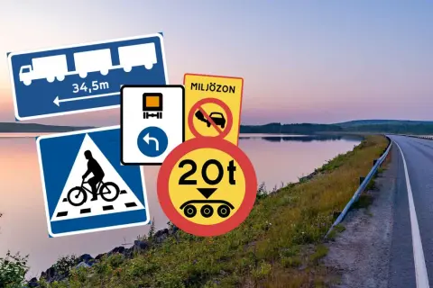 Trafikskyltar för inspektion bil: lastbilslängd, cykelöverfart, miljözon, viktbegränsning och körfältsinformation.
