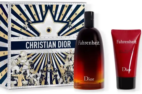 Zestaw prezentowy Dior Fahrenheit 100ml z butelką perfum i żelem pod prysznic.