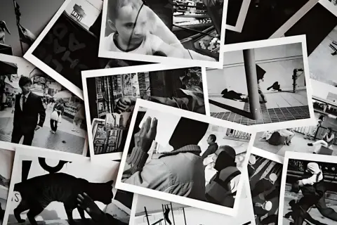 A collage of black and white photos, showing street scenes, people, and animals. This is the best way to organize photos, creating a visual story.