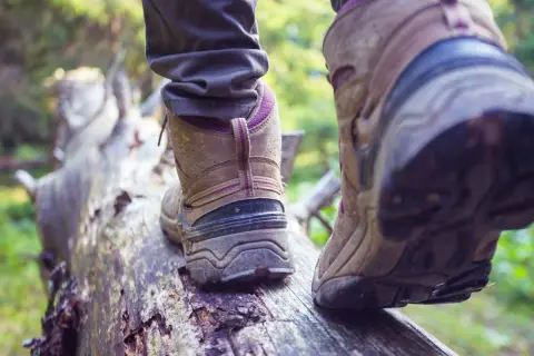 Osoba w butach trekkingowych stąpa po powalonym drzewie. Czy buty trekkingowe powinny być większe? Wygoda na szlaku jest kluczowa.