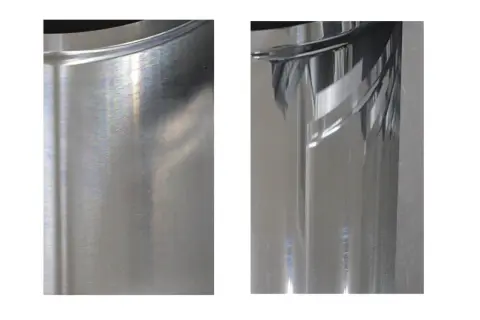 Dwa fragmenty aluminium: jeden z widocznymi śladami po polerowaniu, drugi idealnie gładki i lśniący.