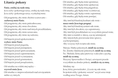 Litania pokory Tomasza a Kempis. Modlitwa o ciche i pokorne serce, prośba o uwolnienie od pragnień uznania i bojaźni przed upokorzeniem.