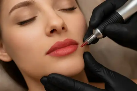 Proceso de micropigmentación labios para un color natural y duradero. Manos enguantadas trabajan con precisión.
