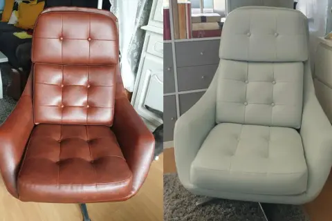 Avant/après : fauteuil marron transformé en fauteuil gris clair. Quelle peinture pour tissu a été utilisée pour ce relooking ?