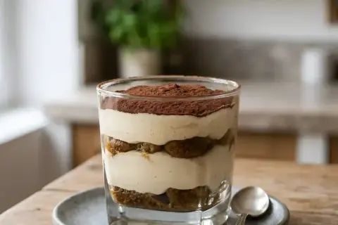 Un délicieux tiramisu vanille, superposé de crème onctueuse et de biscuits savoyards, saupoudré de cacao.