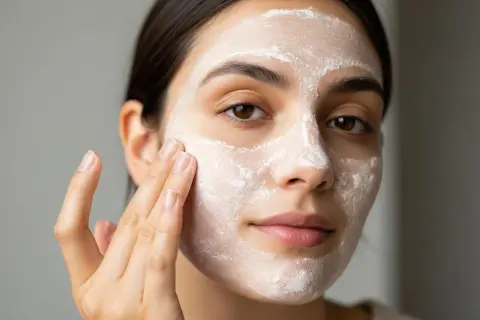 Une femme applique un masque blanc sur son visage, peut-être un soin à l'acide rétinoïque pour le visage.