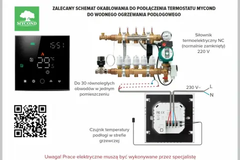 Schemat podłączenia termostatu Mycond do ogrzewania podłogowego. Widoczny czujnik temperatury podłogi do pieca co.