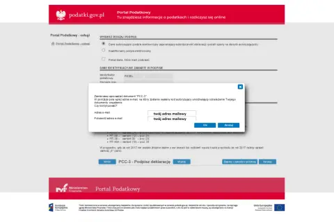 Okno dialogowe z prośbą o podanie adresu e-mail do weryfikacji dokumentu PCC-3.