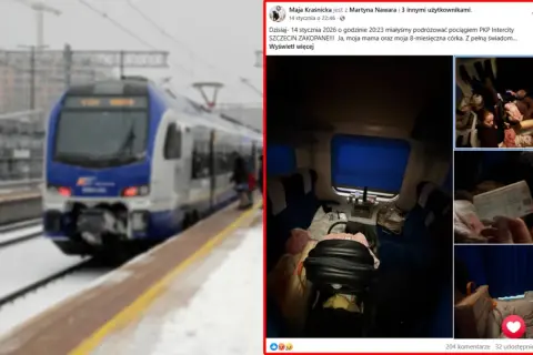 Pociąg PKP Intercity na stacji zimą. W środku bagaże i dziecko. Czekam na odpowiedź PKP ws. reklamacji.