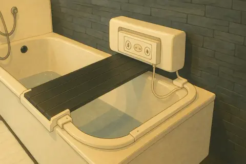Ein schwenkbarer Badewannenlifter mit Bedienfeld, der die Krankenkasse unterstützt, erleichtert das Baden.