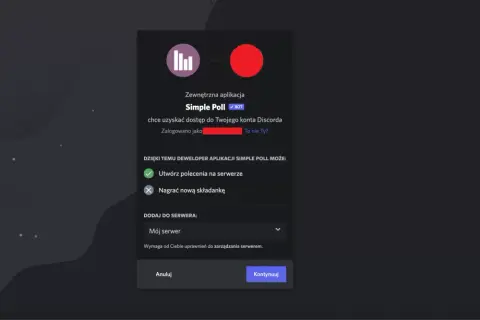 Ekran autoryzacji bota Simple Poll na Discordzie. Dowiedz się, jak zrobic ankiete na Discordzie, dodając bota do swojego serwera.