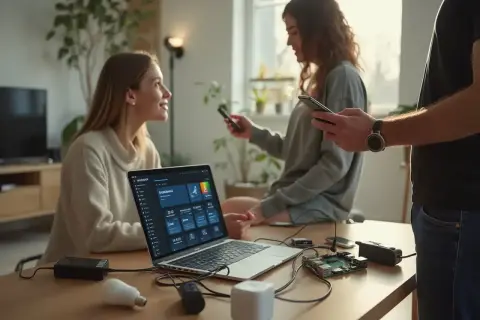 Trois personnes interagissent avec un ordinateur portable affichant une interface de domotique, possiblement pour configurer un système zigate jeedom.