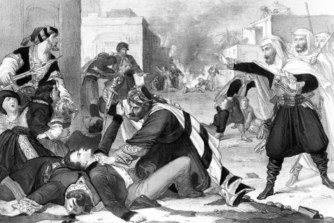 Scène de combat intense, un homme à terre, un autre le poignardant. Au loin, le feu et la fumée. L'émir Abdelkader, figure centrale, dirige ses troupes.
